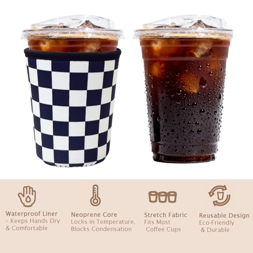 Image of Reusable Insulated Sleeve for Iced Coffee Cup, Coffee Neoprene Sleeve for Cold & Hot Drinks, Beverage Holder for Iced Coffee (Checker Grid, Medium: 22-24oz)