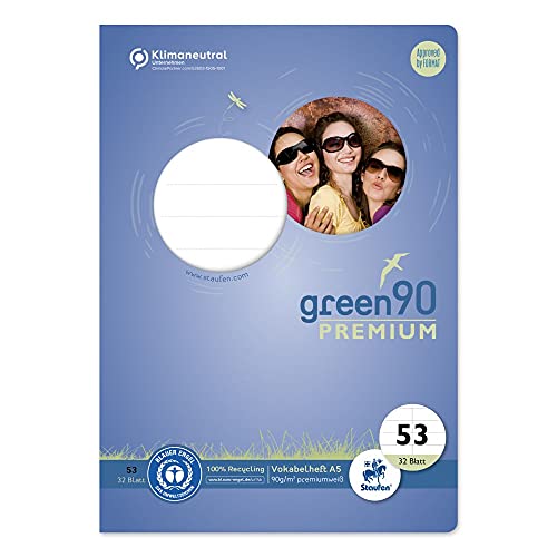 Staufen Green Vokabelheft - DIN A5, Lineatur 53 (liniert mit 1 Mittelstrich), 32 Blatt, premiumweißes 90g/m² Recyclingpapier, runde Ecken verhindern „Eselsohren“, 1 Stück