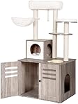 Heybly Cat Tree, Wood Litter Box Enclosure with Food Station, All-in-one Indoor Cat Furniture with Large Platform and Condo, Modern Style Cat Tower, Hammock, Rustic Gray HCT100SG