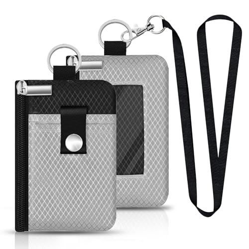 Image of Minimalist RFID Blocking Small Wallet with ID Window,WaterResistant Zip Id Case Wallet with Lanyard Keychain for Cards,Cash,Travel,Women,Men (Light gray /Black)