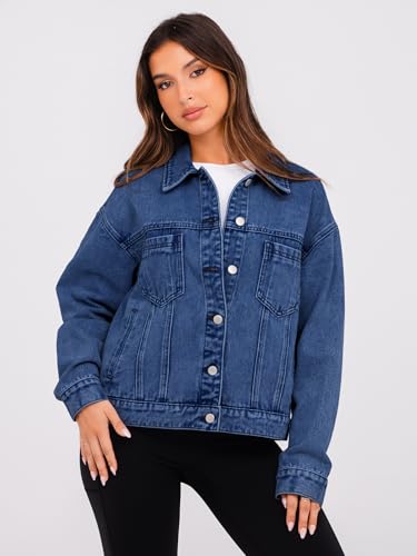 Glamaker Womens Fall Fashion Denim Jacket Coat Casual Long Sleeve Jean Jacket For Women Trendy (Denim Blue M)