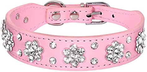 Didog - Cute PU Leather Dog Collar - Rhinestone Flower Pattern Studded - 1 Inch Width Fit Small and Medium Dogs,Pink 12-15"