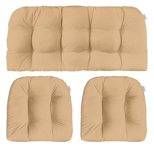 RSH DECOR Sunbrella 3-Piece Tufted Wicker Cushion Set | 44" x 22" & 22" x 22" | Crafted with Sunbrella Performance Fabric | Outdoor Loveseat & U-Shaped Seat Cushions | Cast Sand Tan - Made in USA