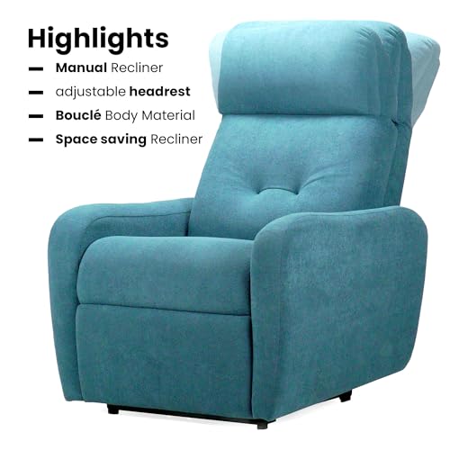 Image of EVA Manual Recliner Chair with Adjustable Headrest | Blue Boucle Fabric Upholstery | Ergonomic Single Seater Recliner for Living Room & Home Theater | 18 Months Warranty