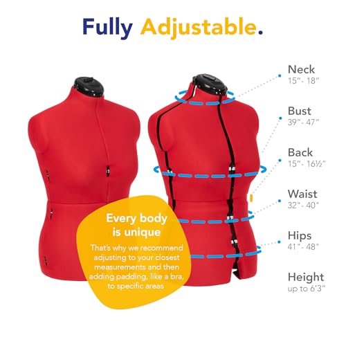 Adjustoform Sew Simple FG305 Adjustable Dress Form Poppy M-L (US Dress Size 10-16) 8 Part Female Sewing Mannequin + Pin Grip Hem Marker