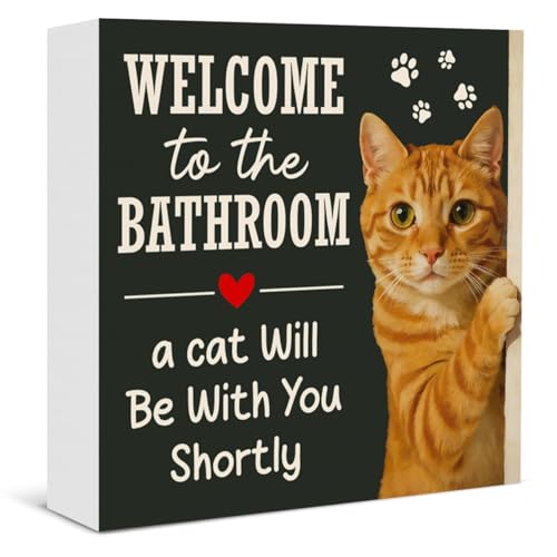 Funny Bathroom Orange Tabby Cat Decor Welcome to the Bathroom a Cat Will Be with You Shortly Wooden Box Sign for Home Restroom Toilet Decor