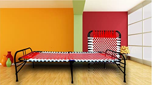 Image of Folding Bed | 1 Year Warranty | Portable Single Bed | 3X6 Feet Bed Size | Strong Iron Steel Metal Frame Pipe | Bed for Sleeping Guest, Easily Storable (Synthetic Stripe, Red)