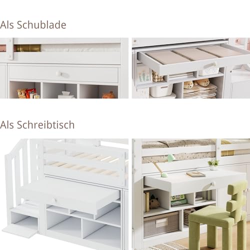 xixiworkshop Hochbett 90x200cm, Multifunktionales Jugendbett mit austauschbar Tisch/Schrank/Treppen/Leiter Bett mit Stauraum, Einzelbett Rausfallschutz ohne Matratze