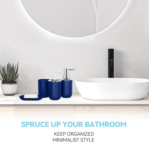 Seeatoo Blue Bathroom Accessories Set 4 PCS, Blue Bathroom Accessories, Plastic Soap Dispenser and Toothbrush Holder Set, Soap Dish and Mouthwash Cup, Boho Bathroom Decor, Blue Bathroom Set