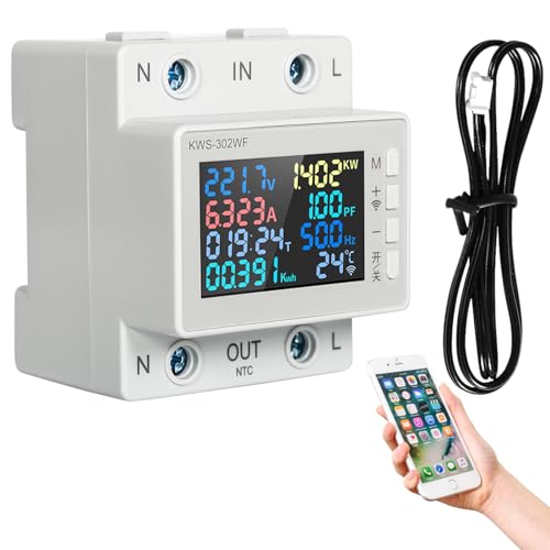 Jadeshay WiFi Electric Meter Smart Energy Meter Single Phase Power Consumption Electricity Usage Monitor Tuya Smart Life App Control 170-300V 63A with Temperature Sensor