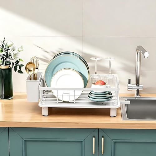 JOUING Egouttoir Vaisselle sur Evier Égouttoir à Vaisselle Blanc Egouttoir Vaisselle en Metal Dish Rack avec Plateau Dish Drainer avec Porte Couverts...