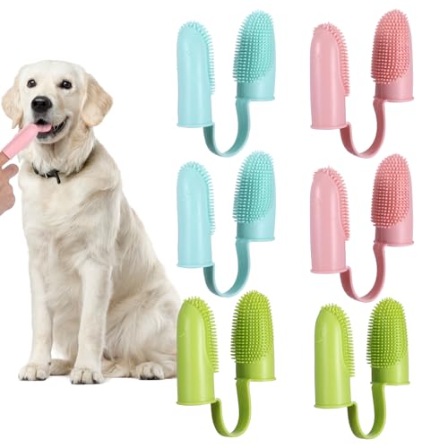 Image of 6Pcs Dog Toothbrush Finger, Dog Tooth Brushing Kit Puppy Tooth Brushing Kit for Pets Teeth Cleaning, Soft Double Finger Toothbrush for Dogs & Cats Dental Care(Pink+Green+Yellow)