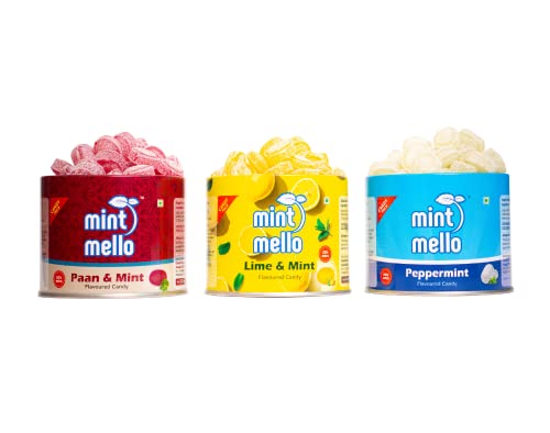 Image of CandyVille Mint Mello Candy Tin Combo (1.02 KG - Pack of 3) | Each of Lime Mint, Paan Mint and Peppermint Candy Tins | Mild Mint | With Menthol | Flavoured Candy