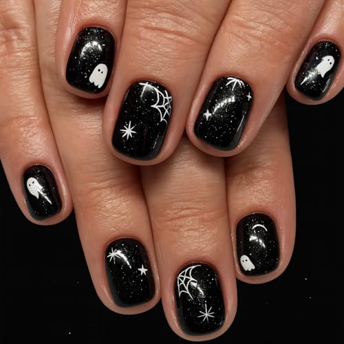 Halloween Fake Nails 24pcs Black Press on Nails Short False Nails with Glue Square Stick on Nails with Spider Ghost Design - Full Cover Acrylic Nails for Holiday Cosplay Halloween Party