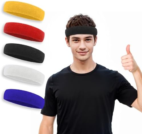 5 Pack Sweatbands Sports Headbands for Men Women, Sweat Head Bands for Athletic Exercise Gym Basketball Football (Colorful)