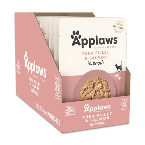 Applaws Natural Wet Cat Food in Broth, Limited and Natural Ingredients, High Protein with No Artificial Additives, Tuna Fillet & Salmon in Broth (12 x 5.3oz Pouches)