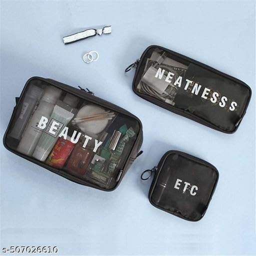 (ONLY POUCHES) Travel Nylon Mesh Makeup Bags Set 3 Pieces See Through Zipper Pouch Travel Cosmetic And Toiletry Kit Organizer Bag 3 Pack Of S M L 3-in-1-mkup-nvyblu-09-14 SB-P9289 4