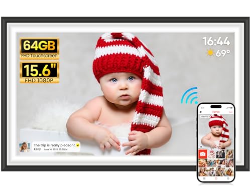 64GB 15.6 inch Frameo Digital Photo Frame WiFi -1920 * 1080 FHD Digital Picture Frame, IPS Touch Screen Electronic Frames with Auto-Rotate, Slideshow, Wall-Mounted, Share Photos Videos Instantly
