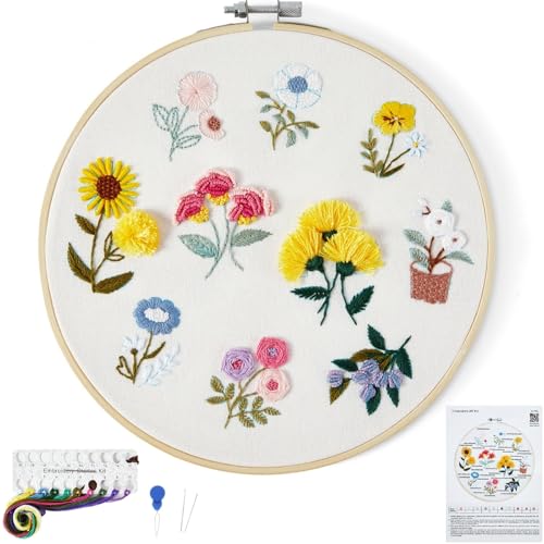 Image of Embroidery Kit for Beginners Adults, Cute Flowers Embroidery Starter Kits, Floral Stamped Cross Stitch Kits for Beginner Adults Craft Kits for Women, Entire Set of Embroidery Supplies & Video Tutorial