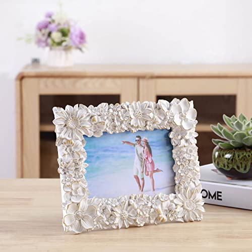 Ujonge 4X6 Picture Frame With Easel, White Floral Textured Hand-Crafted Resin Wedding Frame For Table Top Display And Wall Hanging Home Decor, Photo Gallery, Art #TOP1