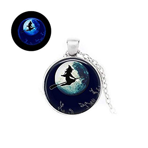 Glowlala Glowing Witch on Broomstick Necklace Glowing Jewelry Glow in The Dark Pendant Witch and Moon Christmas (3)