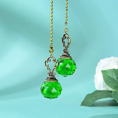 Image of Set of 2 Vintage-Style Green Fan Pull Ceiling Fan Chain Pulls Crystal Prism Ball