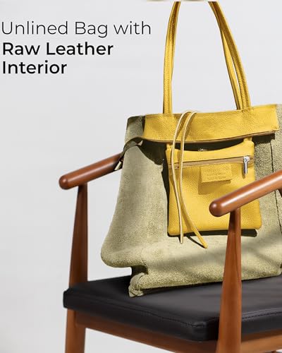 Image of Genuine Italian Leather Tote Bag for Women, Large Slouchy Purse, Yellow | Unstructured bag, raw unlined interior with zip pocket, top zipper, side ties, folds flat, fits a 16-inch laptop, lightweight