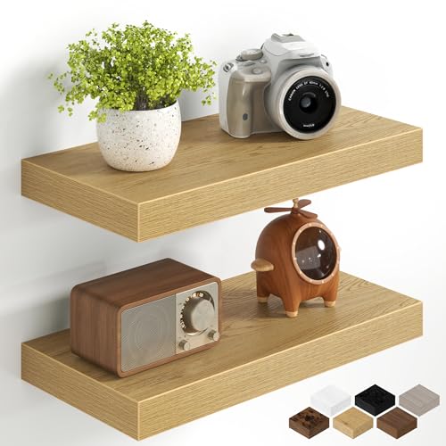 Image of Fun Memories 16Inch Floating Shelves for Wall, 8 Inch Deep Shelves for Bathroom|Bedroom|Kitchen Wall Mounted, Wood Hanging Shelf with Invisible Brackets for Home Storage Decor, Oak - 2 Pack