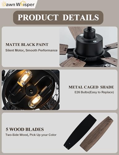 Image of Dawn Whisper 52 Inch Farmhouse Ceiling Fans with Lights and Remote Quiet and Reversible DC Motor Black Industrial Rustic Caged Ceiling Fan for Bedroom Living Room Covered Patio (12-Black)