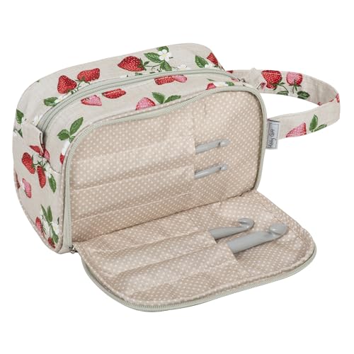 Hobby Gift Esclusiva borsa per uncinetto in morbido cotone 100%, custodia per uncinetto con cerniera, supporto per filo, borsa per uncinetto, manico in cotone, 21 x 24 x 10 cm - Fraises