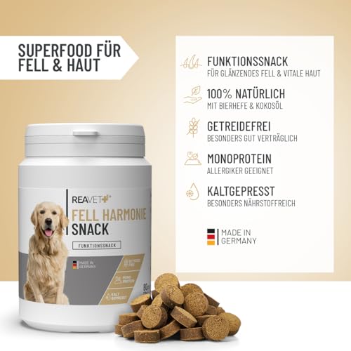 ReaVET Fellpflege Leckerlis Hund – Getreidefreier Hundesnack mit Lachsöl, Bierhefe & Kokosöl – Natürlicher Snack mit Omega-3-Fettsäuren, ideal für Fell & Hautpflege, Fellwechsel I 170 g (80 Stück)