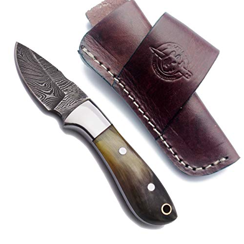 Wolfklinge Handmade Damascus Steel Knife For Hunting, Survival, Camping, Skinning, Bushcraft, Fixed Blade Full Tang Sheep Horn Bone Handle, With Cowhide Leather Sheath - Dcx18-104 #TOP2