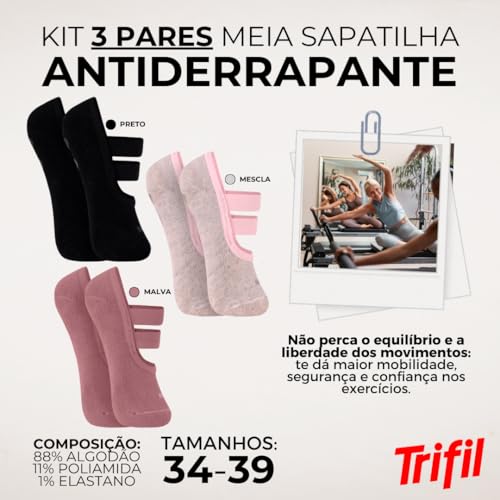 Kit 03 Pares de Meia Sapatilha Antiderrapante Pilates Trifil Com Dupla Faixa Tensora e Sustentação |