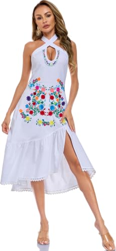 Image of Womens Mexican Floral Embroidered Halter Maxi Dress Side Slit Boho Dress