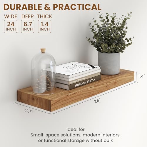 Fun Memories Wood Floating Shelves 24 Inch Long, Rustic Elm Wood Wall Shelves for Farmhouse, Living Room, Kitchen, Wall Mounted Bathroom Shelf Floating Shelf with Invisible Bracket Set of 2, Natural