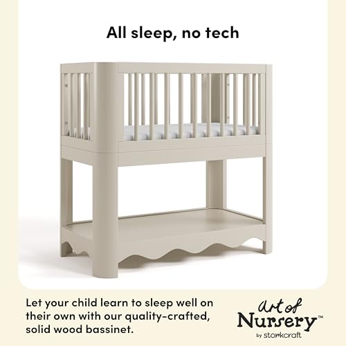 Image of Storkcraft Casablanca 3-in-1 Convertible Bassinet, Frosted Oat | GREENGUARD Gold Certified Wood Baby Bassinet, Includes Water-Resistant Mattress, Converts to Toy Box and Bookcase, Newborn