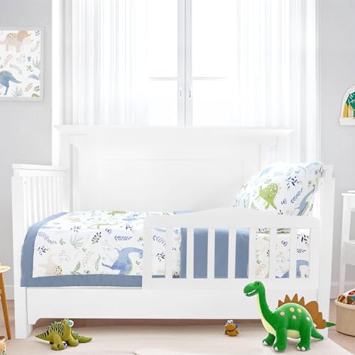 Image of Pea Pod Muslin Toddler Bedding Set 3-Piece - Soft Breathable Crib Bedding with Fitted Sheet, Quilt & Pillowcase for Infant & Kids Bed | Machine Washable Nursery Bed Set (Dinosaur)