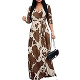 WHUVUMFY Womens 3/4 Sleeve Wrap Dress Brown Cow Print V Neck High Waist Dress Casual Fall Long Maxi Dresses with Pockets Belt Plus Size S-5XL
