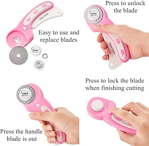 Headley Tools Rotary Cutter Set - 45mm Fabric Cutter, 5 Replacement Rotary Blades, A3 Cutting Mat, Quilting Ruler and Sewing Clips, Craft Knife Set,Ideal for Crafting,Sewing, Patchworking, Pink/Purple - 1