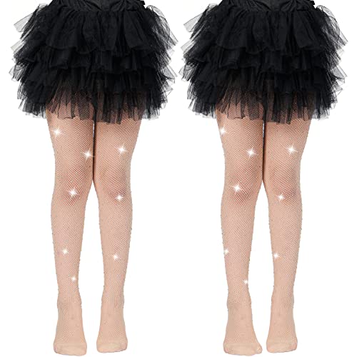 MANZI Rhinestone Fishnets Tights for Girls White Sparkly Black Tights for Girls Fishnet Stockings (Pack of 2)
