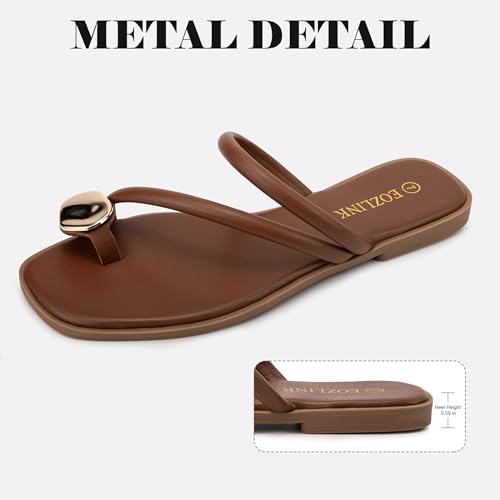 Image of Eozlink Women's Toe Ring Flat Sandals, Slip On Dressy Summer Slides | PU upper with square toe and metal accent for resort and casual outfits