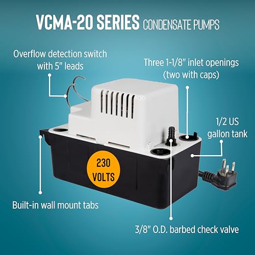 Little Giant VCMA-20ULST 230 Volt, 80 GPH, 1/30 HP Automatic Condensate Removal Pump for HVAC/Refrigeration Systems/Dehumidifiers with Overflow Detection Switch and 20-Foot Tubing, White/Black, 554461 by Little Giant - Image 3