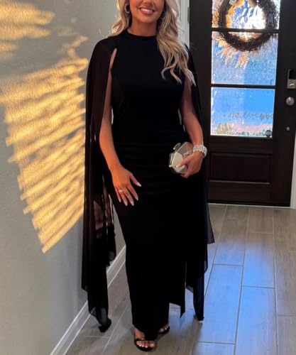 Women's Plus Size Elegant High Split Flare Sleeve Formal Evening Gowns Maxi Dress with Cape4