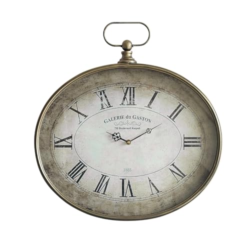 Large Vintage Wall Clock - 20 inch, Distressed Gold, Oval Pocket Watch Design, Roman Numerals, Battery Operated, Antique Decorative Wall Clock for Living Room, Entryway, Kitchen, Bedroom