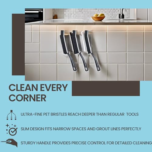 Image of Hard Bristle Crevice Cleaning Brush - Small Scrub Brush for Toilet, Grout, Shower Tile, and Narrow Gaps - Durable Grout Brush with PET Bristles, Ergonomic Handle, Easy Storage - 3 Pack