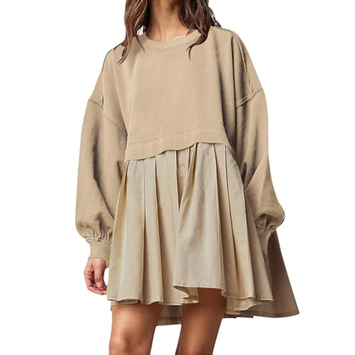 Women's Oversized Sweatshirt Dress Long Sleeve Round Neck Pullover Top Relaxed Fit Sweatshirt Mini Dress, khaki, 3XL