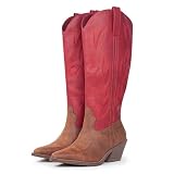 Hawkwell Bottes de Cowboy pour Femme Hautes – Santiags à Talon Bloc avec Broderies – Bottes Western en Simili Cuir avec Fermeture Éclair, Style Rétro Country, Rouge, EU 39