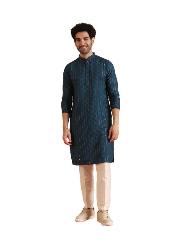 Kisah Cotton Blend Kurta Trouser Set For Men | Mens Long Sleeve Kurta With Pant Set Mens Ethnic Collections-Ka-0848-T301-40-Blue