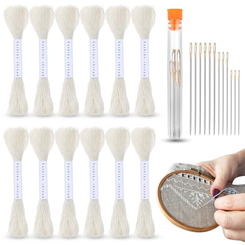 Image of Zeyune 12 Skeins White Sashiko Thread Kit 100% Cotton with Sashiko Needles 20m(21.8yds) Thread for Hand Quilting and Embroidery Projects Pick Stitching Denim