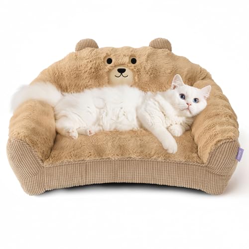 LE SURE Cute Cat Couch for Pets - Fluffy Original Bear Design Cat Beds for Indoor Cats, Fuzzy Cats Sofa with Removable Washable Cover, Supportive Pet Chair, 24inch, Almond